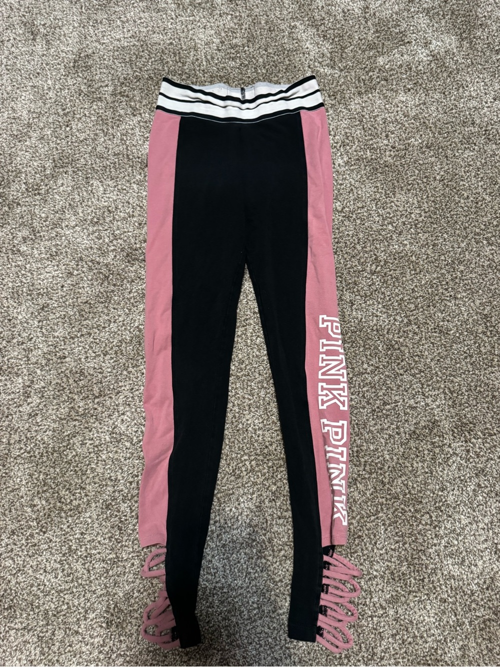 Victoria's Secret PINK Black & Dusty Rose Side-Stripe Leggings with loop hem.